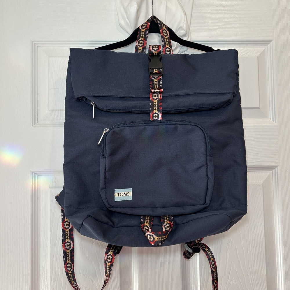 Toms Adventurer Canvas‎ Navy Blue Backpack Large Unisex As Is Read Aztec Trim